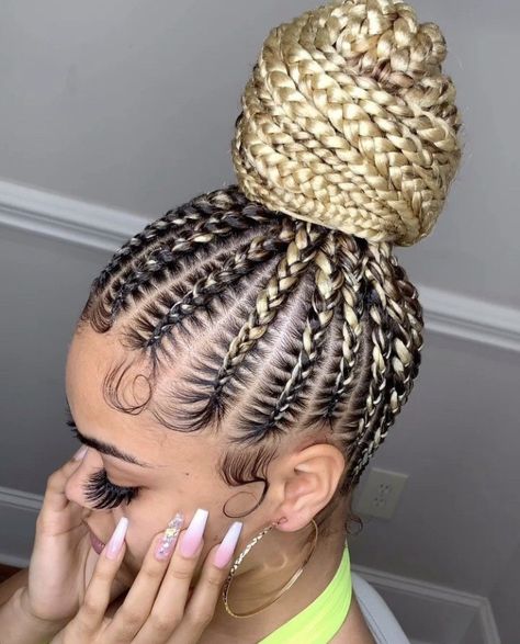 Cornrows Updo, Blue Braids, Something Green, Braid Ponytail, Feed In Braids Hairstyles, Goddess Braids Hairstyles, African Hair Braiding Styles, Braided Bun Hairstyles, Blonde Braids