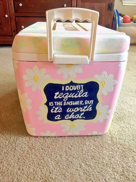 tequila shot floral cooler Girly Cricut Ideas, Girly Painted Cooler, Sorority Cooler Ideas, Girly Cooler Painting, Painted Coolers For Girls Ideas, Painting Cooler Ideas, Painted Cooler Ideas, Coolers Painted, Cooler Painting Ideas