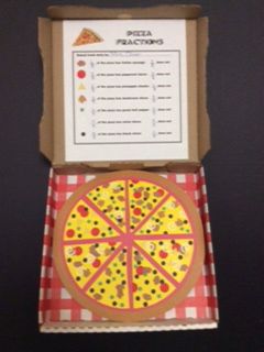 Pizza Fractions: Glue a red checked paper place mat into bottom of a small pizza box and a worksheet into the lid. Crust is a brown paper circle with a smaller red circle (sauce) glued on top. A smaller yellow paper (cheese) was cut into 8ths. Toppings were made from paper punches. Math Center Organization, Pizza Fractions, Small Pizza, Paper Circle, Art Kits For Kids, Reading Projects, Paper Punches, Classroom Transformation, Fourth Grade Math