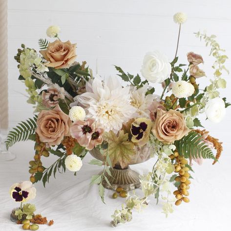 Twisted Willow Flowers on Instagram: “Muted rusty fall tones and the cutest pansies 🍂” Event Florals, Fall Tones, Mauve Wedding, Flower Wall Wedding, Wedding Reception Flowers, Wedding Floral Centerpieces, Wedding Reception Inspiration, Soft Autumn, Ceremony Flowers