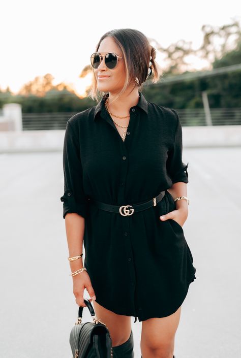 Black Dress Black Boots, Belt Dress Outfit, Style A Shirt Dress, Black Shirt Dress Outfit, Dress Knee High Boots, Dress Black Boots, Gucci Belt Outfit, Dress With A Belt, Belt Outfit