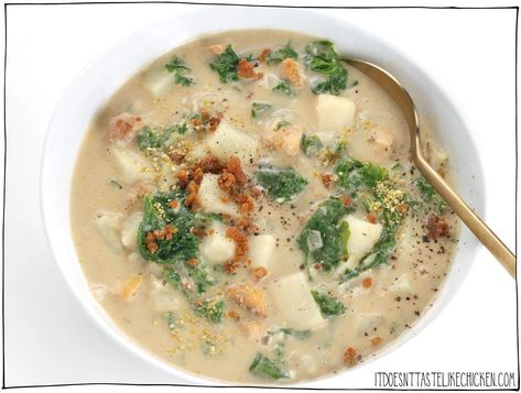 Vegan Zuppa Toscana • It Doesn't Taste Like Chicken Tofu Sausage, Vegan Zuppa Toscana, Homemade Tofu, Zuppa Toscana Soup, Tuscan Soup, Toscana Soup, Veg Soup, Like Chicken, Vegan Italian