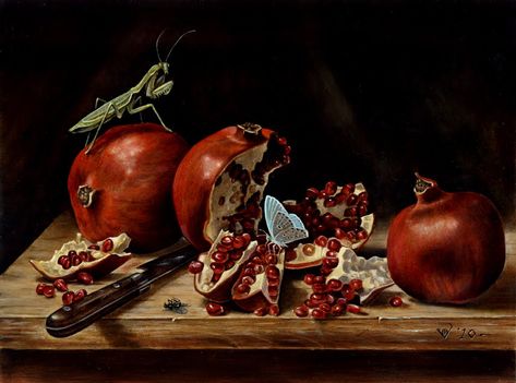 B.A.Vierling Painting: Vanitas exhibit at ART.FAIR 21 Cologne _ I like the colors and the randomness of the grasshopper that is appearing on the pomegranate. Vanitas Paintings, Sarah Lamb, Olivia Parker, Pomegranate Decor, Henri Fantin Latour, Art Final, 2024 Art, Pastel Sec, Still Life Painting