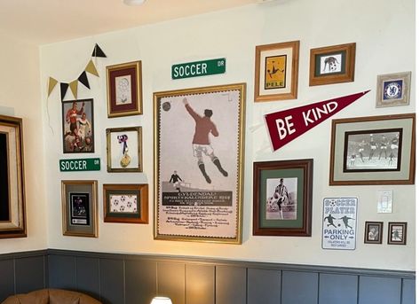 Sports Wall Collage Ideas, Framed Jerseys On Wall Basement, Decorating With Sports Memorabilia, Soccer Gallery Wall, Sports Office Decor Ideas Men, Sports Picture Wall Ideas, Gym Gallery Wall, Grandkid Photo Wall, Gallery Wall With Pennant Flag