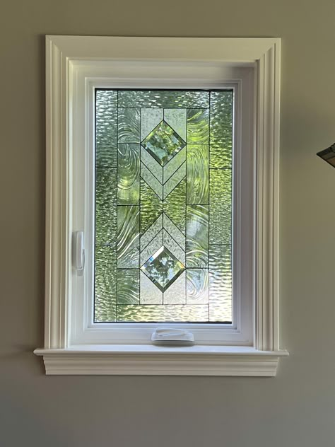 Tinted Bathroom Window, Stained Glass Windows In Bathroom, Textured Glass Window, Stained Glass Window Bathroom, Clear Stained Glass Window, Backdoor Decor, Stained Glass Bathroom Window, White Stained Glass Window, Bathroom Window Ideas