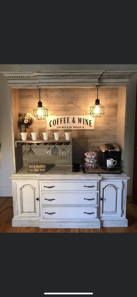 Hutch Makeover Coffee Bar, Coffee Bar Hutch Ideas, Diy Hutch Makeover, Hutch Coffee Bar, Wine Hutch, Repurposed Hutch, Coffee Bar Hutch, China Hutch Makeover, Wine And Coffee Bar