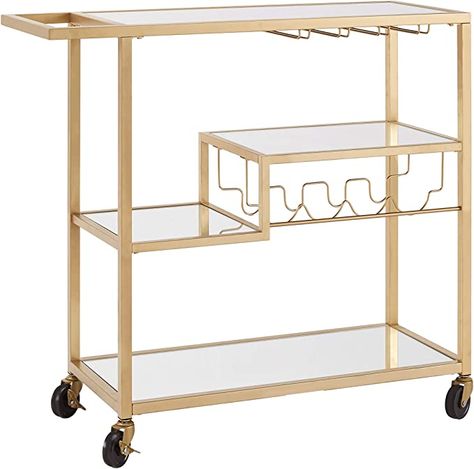 Amazon.com - Inspire Q Metropolitan Mirrored Glass Top Metal Bar Cart by Bold Gold Gold Finish - Bar & Serving Carts Mobile Bar Cart, Metal Mobile, Wood Medicine Cabinets, Bedroom Comforter Sets, Bar Serving Cart, Metal Bar Cart, Glass Bar Cart, California King Mattress, Swivel Chair Living Room