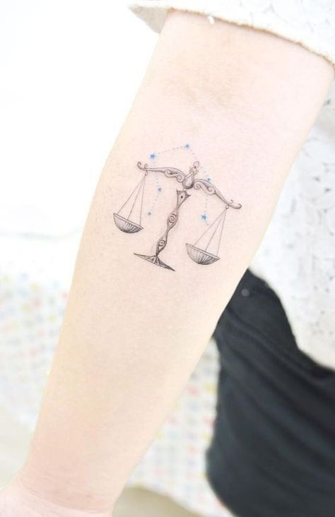 24 Zodiac Sign Tattoos You Need Based On Your Sign - Society19 Lady Justice Tattoo, Libra Zodiac Tattoos, Libra Constellation Tattoo, Justice Tattoo, Balance Tattoo, Ying Yang Tattoo, Libra Constellation, Libra Tattoo, Scale Tattoo