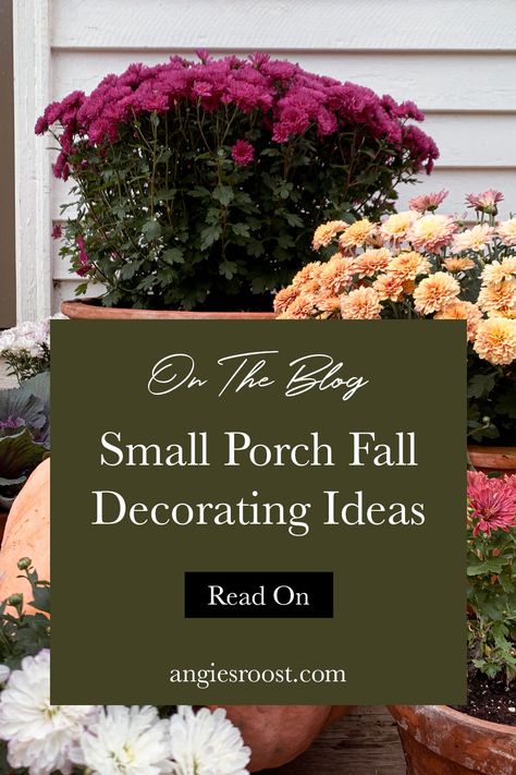 Welcome fall with open arms and decorate your small porch with vibrant mums and pumpkins! It's one of the classic small porch fall decorating ideas. A little creativity can go a long way in adding a cozy and inviting touch to your home. Mix and match different sizes and colors of pumpkins to create a stunning display, and add in some rustic decor pieces to complete the look. Visit the blog for more small porch fall decorating ideas using mums and pumpkins. Fall Outdoor Decor Small Porch, Black White And Orange Fall Decor Porch, Fall Front Porch Decor With Mums, Fall Porch Decor Mums, Fall Front Porch With Ferns, Mums And Pumpkins Front Steps, Mum And Pumpkin Front Porch, Fall Stairs Decor Outside, Decorate Small Porch For Fall