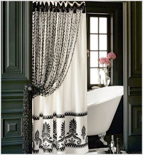 Tie Back Shower Curtains - Foter Luxury Shower Curtain, Black And White Shower Curtain, Elegant Shower Curtains, Drapery Ideas, Long Shower Curtains, Black White Bathrooms, White Bathroom Designs, Cool Shower Curtains, Luxurious Showers