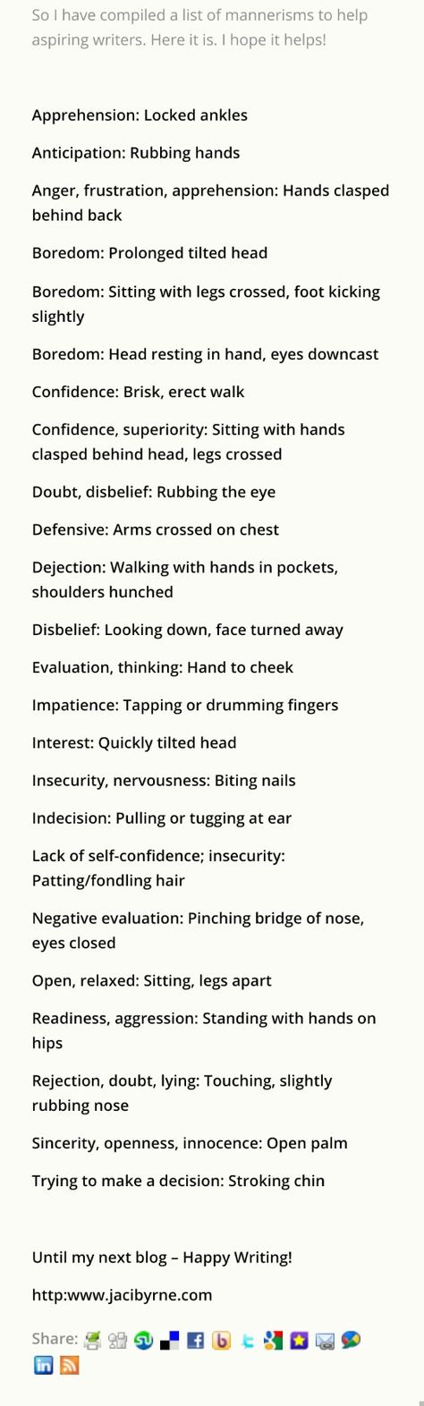 http://www.jacibyrne.com/2013/06/19/a-list-of-mannerisms-for-writers/ Mannerisms List, How To Write A Heist, Character Mannerisms List, Mannerisms For Characters, Habits For Characters, Character Mannerisms, Author Notebook, Writing Expressions, Fanfic Ideas