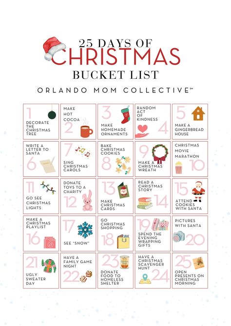 ‘Tis the season to make memories! ❄️☃️ Check out our 25 Days of Christmas Bucket List and let the holiday fun begin. Share your favorite holiday traditions and tag us in your festive posts! 🎁 @orlandomomcollective Comment BUCKET LIST and we will send you the link to our FREE printable! 🎄✨ Our 25 Days of Christmas Bucket List is here to make your holiday season extra special. Christmas Eve Itinerary, Christmas Family Bucket List, 25 Days Of Christmas Ideas, Christmas Tradition Ideas, December Bucket List, Christmas Bucket List Printable, Holiday Bucket List, Cookies Light, Christmas To Do List