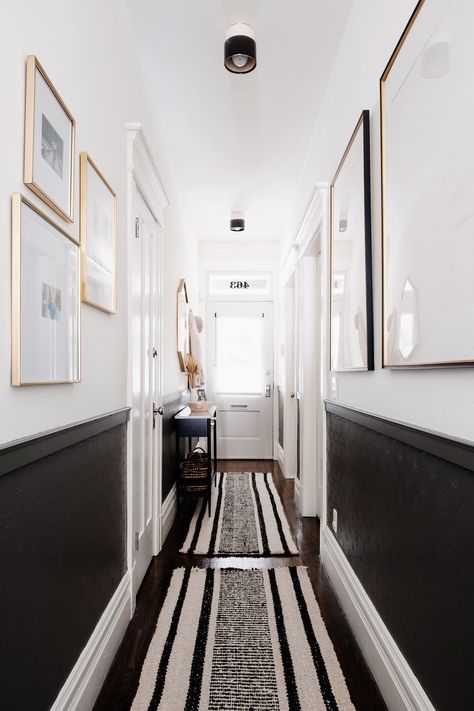 Black And White Hallway, Long Narrow Hallway, White Foyer, White Hallway, Hallway Makeover, Narrow Entryway, Narrow Hallway Ideas, Narrow Hallway Decorating, Hallway Design