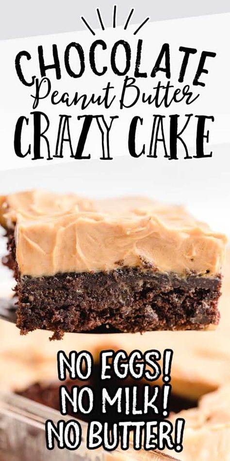 A super moist chocolate cake topped with dreamy peanut butter frosting makes this chocolate peanut butter crazy cake the ideal choice for an easy and delicious dessert. Crazy Cake Recipes, Wacky Cake Recipe, Easy Dessert Idea, Super Moist Chocolate Cake, Peanut Butter Dessert Recipes, Peanut Butter Icing, Wacky Cake, Crazy Cake, Chocolate Peanut Butter Cake