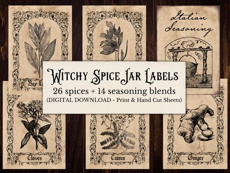 Farmhouse Spice Jars, Apothecary Spice Jars, Cottagecore Spice Jars, Spices Labels Printable Free, Vintage Spice Labels, Diy Spice Labels, Seasoning Labels, Vintage Apothecary Labels, Seasoning Jars