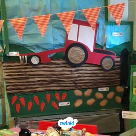 Farm Display Eyfs, Farm In Classroom, Farm Display Board, Farm Role Play Area Eyfs, Farm Hallway, Farm Continuous Provision Eyfs, Ertl Farm Display, Harvest Display, Harvest Farm