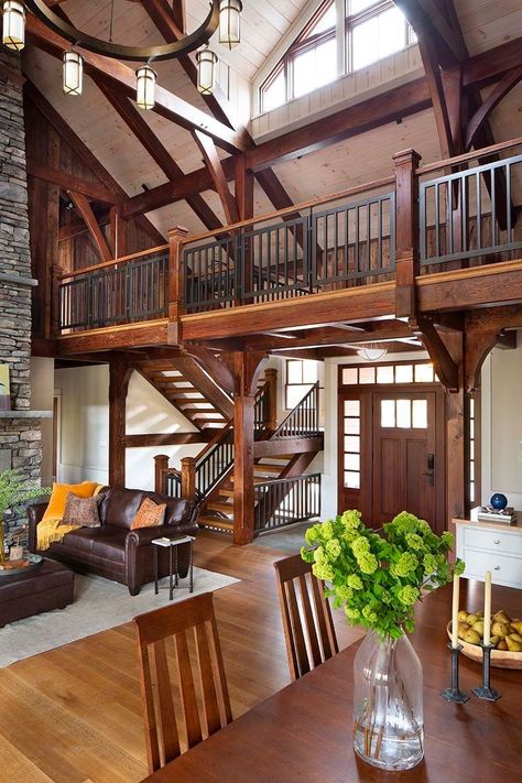 Inviting timber frame house tucked into a serene forest in the Catskills Timber Frame Home Interiors, Wood Burning Furnace, Timber Frame Cabin, Gambrel Barn, Barn House Interior, Barn Conversions, Serene Forest, Timber Frame Home, Timber Frame House