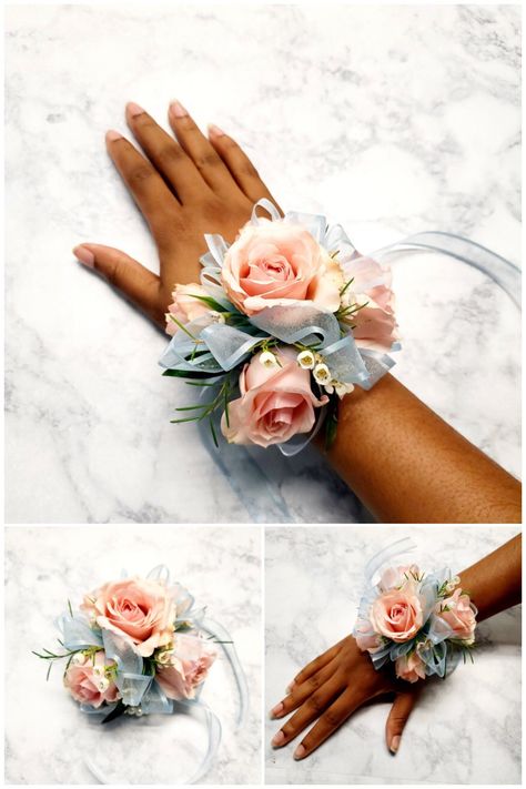 Light Blue And Pink Corsage, Blue And Pink Corsage, Prom Things, Pink Corsage, Blue Corsage, Bouquets Ideas, Wrist Corsages, Diy Bridal Bouquet, Barn Weddings