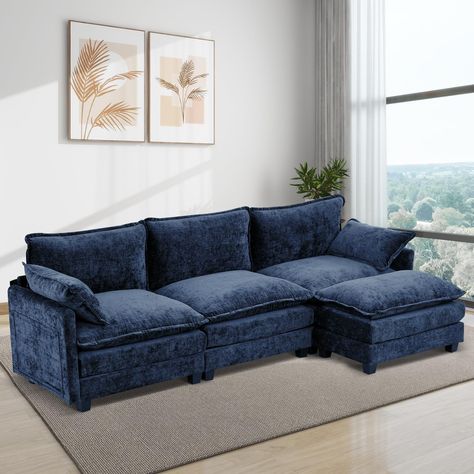 PRICES MAY VARY. Elegant Sectional Sofa: Elevate your space with this elegant sectional sofa, 113"L x 32.7"W x 36.6"H. Comfortably seats three, crafted with high-end chenille fabric for a luxurious touch, perfect for any apartment, living room, loft, or office Comfy Cloud Couch: Lounge in luxury with this cloud sofa, featuring 2-layer seat cushions filled with high-resiliency foam. The soft chenille fabric offers a cozy touch, while armrest pillows add to the cloud-like comfort, ideal for nappin Sectional Blue Sofa, Navy Blue Sofa Set, Blue Sectional Sofa, Denim Sectional Sofa, Blue Sectional Sofa Overstock, Sofa Cloud, Oversized Sectional, Couch Lounge, Oversized Sectional Sofa