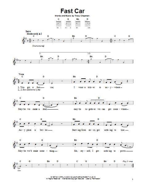 Fast Car Sheet Music Tracy Chapman Fast Car, Chords Ukulele, Easy Guitar Chords, Keyboard Music, Tracy Chapman, Learning Guitar, Music Things, Fast Sports Cars, Car Racer