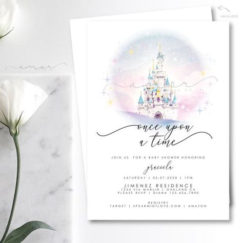 Pastel Castle, Invitation Disney, Toy Story Invitations, Pastel Baby Shower, Invitation Minimalist, Princess Birthday Invitations, Disney Logo, Disney Baby Shower, Disney Princess Birthday