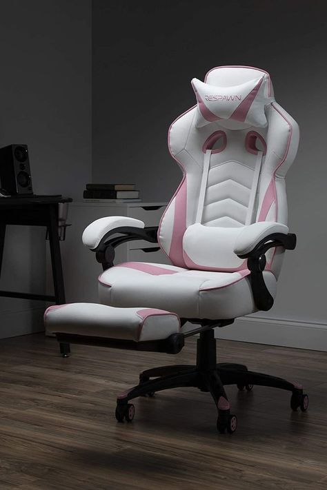 Gaming Chair Setup, Purple Gaming Chair, Purple Office Ideas, Gaming Chair Pink, White Gaming Chair, Pink And White Office, Pink Gaming Chair, Chair Black And White, Black And White Desk