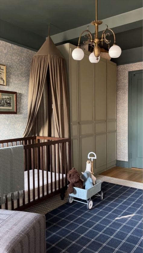 Vintage Nursery Boy, Vintage Baby Rooms, Vintage Boys Room, Dark Nursery, Brown Crib, Pretty In The Pines, Brown Nursery, Sophisticated Nursery, Vintage Baby Nursery