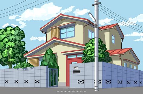 ArtStation - Nobis' Residence Nobita House Drawing, Nobita House, Doraemon House, Cottage In Winter, 2 Point Perspective Drawing, 2 Point Perspective, Cartoon Inspiration, Gacha Background, Background Anime