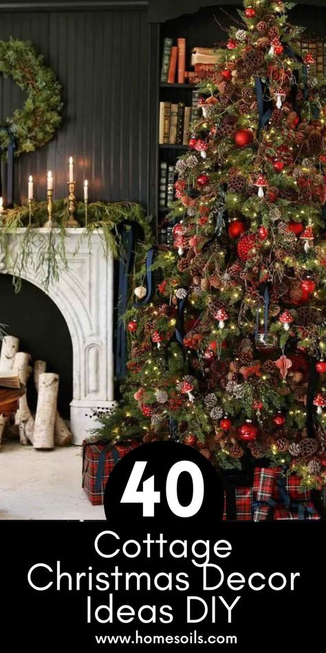 Create a cozy and inviting holiday atmosphere with these charming DIY cottage Christmas decorations. From rustic wreaths and garlands to vintage-inspired ornaments and cozy blankets, find inspiration to transform your home into a winter wonderland. Cottage Christmas Tree Decor, English Cottage Christmas Decor Ideas, Cozy Cottage Christmas Aesthetic, Tartan Christmas Tree Ideas, Vintage Country Christmas Decor, Cozy Winter Cottage Aesthetic, Cottage Christmas Tree Ideas, English Cottage Christmas Tree, Vintage Cottage Christmas Decor