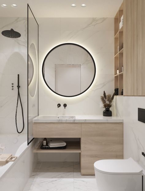 Mirror With Backlight, Light Mirrors, Window Seat Storage, White Marble Bathrooms, Marble Tile Bathroom, Modern Bathroom Interior, Round Bathroom, Washroom Decor, White Marble Tiles