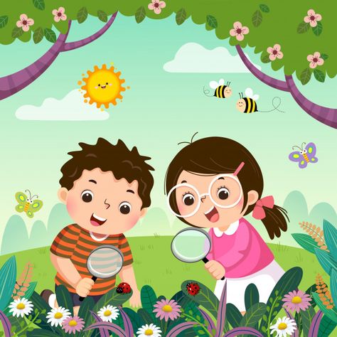 Friends In Nature, Ladybug Cartoon, Pola Kotak, Kids Cartoon Characters, Siluete Umane, Kids Vector, Happy Cartoon, Two Kids, Cartoon Background