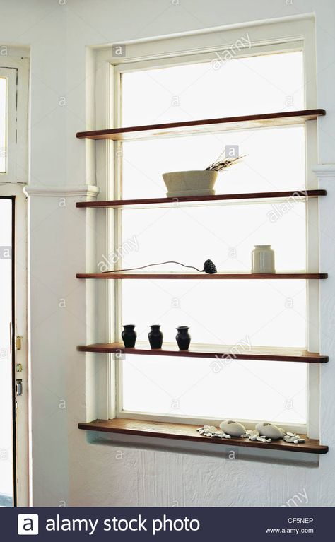 Ideas To Suit Your Pocket, Install Window Shelves: Shelves In ... Shelves Inside Window Frame, Window Frame Shelves, Framed Bathroom Window, Shelves In Window, Bathroom Window Shelf, Shelves Over Windows, Window Shelving, Shower Window, Burglar Bars