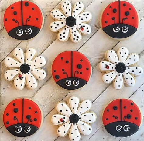 Ladybug Sugar Cookies, Ladybug Cookies, Ladybug Cakes, Cookie Decorating Icing, Ladybug Baby Shower, Ladybug Birthday Party, Sugar Cookie Royal Icing, Iced Sugar Cookies, Ladybug Birthday