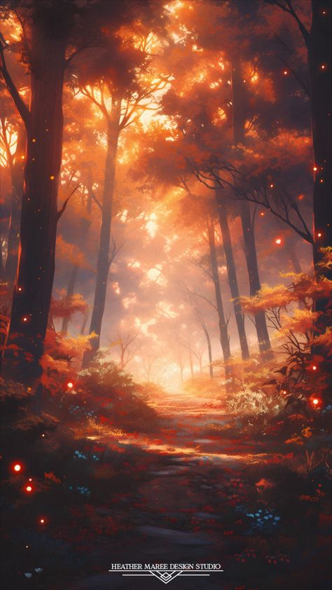 As the sun sets, casting a warm, golden glow over this autumn forest, the entire scene comes alive with the vivid hues of fall. The trees don their fiery mantles of red and orange leaves, and a serene path winds through the woodland, inviting you to embark on an enchanting journey into the heart of the season. Imagine setting this captivating painting as your lock screen or wallpaper, welcoming the spirit of fall into your digital world | Fall Aesthetic | Lock Screen Wallpaper | Fall Backgrounds Orange Forest Background, Enchanted Fall Forest, Fantasy Autumn Forest Aesthetic, Enchanted Autumn Forest, Fall Background Landscape, Fall Court Aesthetic, Orange Forest Aesthetic, Fall Fantasy Aesthetic, Autumn Forest Art