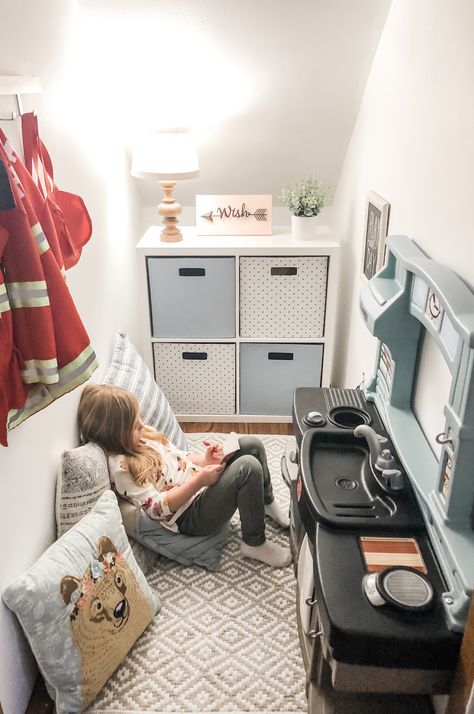 Tiny Space Toy Storage, Closet Toy Room, Closet Turned Into Playroom, Under Stair Toy Room, Tiny Toy Room, Under Stairs Play Area Small Spaces, Toy Room Under The Stairs, Closet Into Play Space, Under Stairs Storage Toys