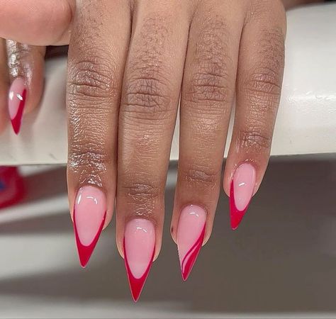 Red Stilleto Nails Design, Pink And Red Stiletto Nails, Stiletto Red Nails Design, Red Stilleto French Tip, Pink Nails With Red French Tip, Pink And Red French Nails, Red Oval Acrylic Nails, Stilleto Nail Idea, Pink Stiletto Nails Designs