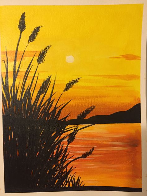 Monochromatic Sunset Painting, Yellow Nature Painting, Watercolor Art Yellow, Sunset Background Painting Easy, Orange Colour Painting Ideas, Yellow Art Aesthetic Painting, Painting With Orange Background, Yellow Acrylic Painting Ideas, Landscape Paintings Easy Acrylic