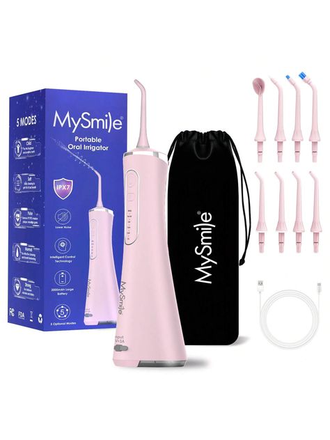 MySmile Water Dental Flosser For Teeth Cordless Oral Irrigator 5 Cleaning Modes 8 Replaceable Jet Tips IPX 7 Waterproof USB Rechargeable Water Dental Picks For Teeth Cleaning With PU Bag For TravelI discovered amazing products on SHEIN.com, come check them out! Water Pick, Dental Plaque, Tongue Cleaner, Water Flosser, Pu Bag, Travel Storage, Portable Travel, Storage Pouch, Teeth Cleaning