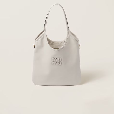 Leather Lettering, Lettering Logo, Miu Miu Wallet, Novelty Bags, Chalk White, Leather Hobo Bag, Leather Handles, Leather Hobo, Small Leather Goods