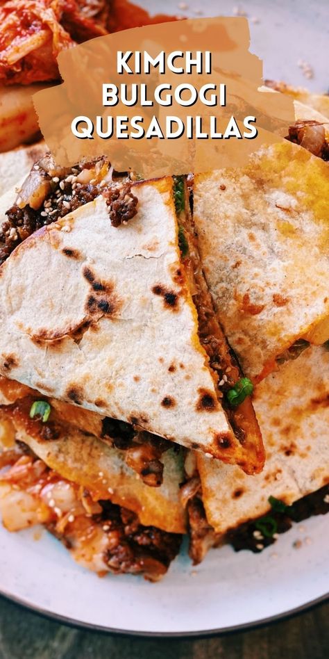 Cheesy and Spicy are one of my favourite pairings. Today we are making Cheesy Kimchi Bulgogi Quesadilla that s full of flavour!! Spicy Quesadilla Recipes, What To Pair Kimchi With, Bulgogi Side Dishes, Recipes Using Kimchi, Bulgogi Sandwich Recipe, Bulgogi Burrito, Kimchi Recipes, Quick Beef Recipes, Best Korean Food