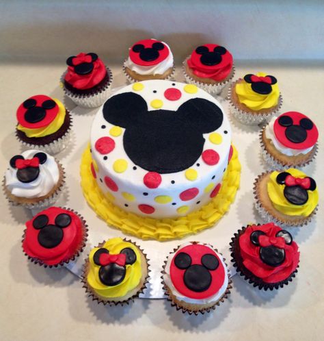 Mickey Mouse smash cake with cupcakes                                                                                                                                                     More Mickey Mouse Cake And Cupcakes, Mickey Mouse Smash Cake Ideas, Mickey Mouse Smash Cake First Birthdays, Mickey Mouse Birthday Cupcakes, Mickey Mouse Cupcakes Ideas, Mickey Mouse Clubhouse Smash Cake, Simple Mickey Mouse Cake, Mickie Mouse Cake, Mickey Mouse Cupcake Cake