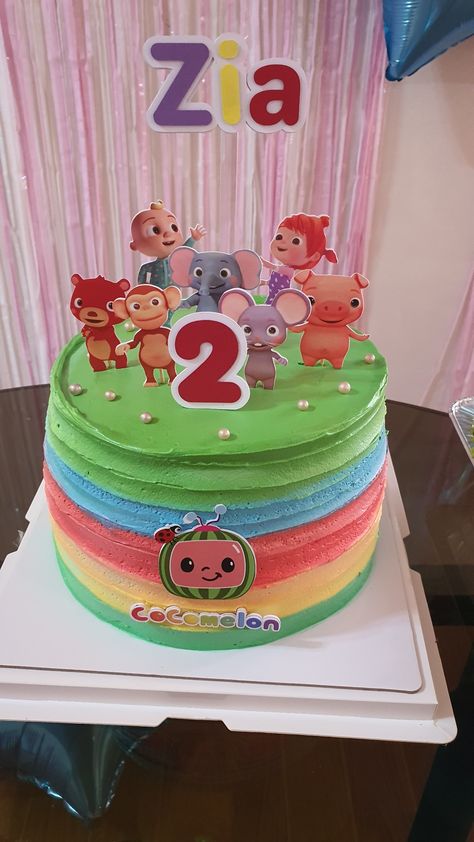 Cocomelon Rainbow Cake, Diy Cocomelon Cake, Simple Cocomelon Cake, Soiree Ideas, Melon Birthday, Cocomelon Cake, Melon Cake, Rainbow Themed Birthday Party, Coco Melon