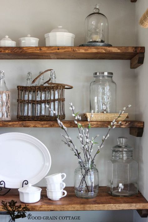 Styled Dining Room Shelving - The Wood Grain Cottage Dining Room Open Shelving, Dining Room Shelving, Dining Room Shelves, Laundry Room Shelves, Open Dining Room, Room Shelves, Kitchen Shelves, Wood Shelves, Diy Kitchen