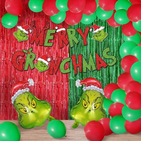 Grinch Theme Decorations Diy, Easy Grinch Decorations, Grinch Adult Christmas Party, Decorate Garage For Christmas Party, Grinch Themed Party Games, Whoville Party Ideas, Grinch Desk Decorations, Grinch Friendsmas, Grinch Cubicle Decorations