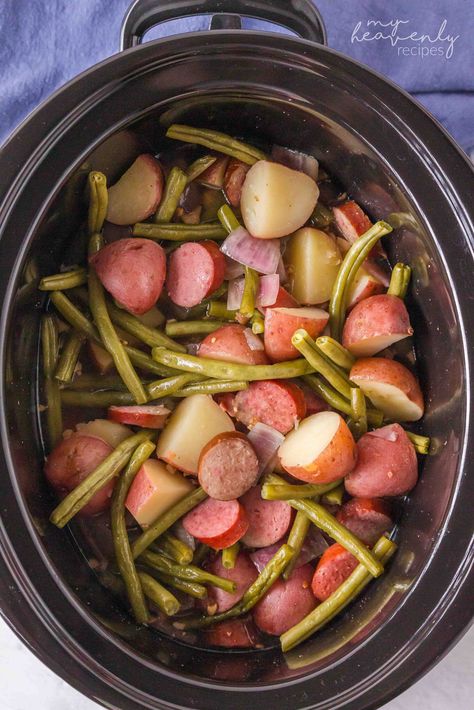 Crockpot Kielbasa, Green Beans, and Potato Meal Green Bean Recipes In Crockpot, Sausage Potato Green Beans Crockpot, Crockpot Meals With Green Beans, Crockpot Sausage Potatoes Green Beans, Sausage And Green Beans Crockpot, Green Bean Smoked Sausage And Potatoes Crockpot, Crockpot Kielbasa And Green Beans, Kielbasa Green Beans And Potatoes Crockpot, Crockpot Green Beans Sausage Potatoes