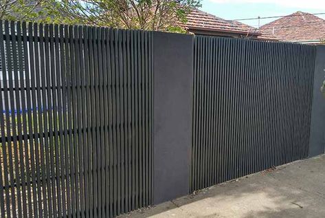 Batten Fence, Fireplace Minecraft, Fireplace Video, Concrete Block Walls, Timber Battens, Timber Screens, Front Fence, Front Gate Design, Backyard Fireplace