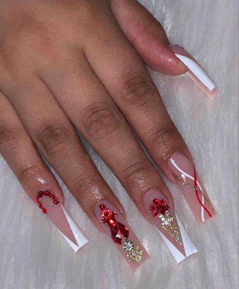 Red Nail Sets Long, Red Nail Sets, Blinged Out Nails Rhinestones, Blinged Out Nails, Nails Rhinestones, Red Quince, Long Nail Designs, Baddie Nails, Long Nail