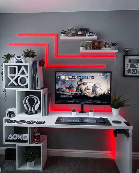 30 Best Gaming Desk Setup Ideas You Should Check Small Game Room Ideas, Small Gaming Room Ideas, Cool Gaming Rooms, Gaming Setup Bedroom, Gaming Bedroom Ideas, Small Room Setup, Game Room Ideas, Games Room Inspiration, Gaming Bedroom