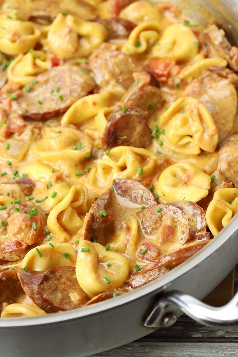 Sausage Tortellini Skillet, Tortellini Skillet, Sausage And Tortellini, Andouille Sausage Recipes, Sausage Dinner, Smoked Sausage Recipes, Sausage Tortellini, Tortellini Recipes, Sausage Dishes