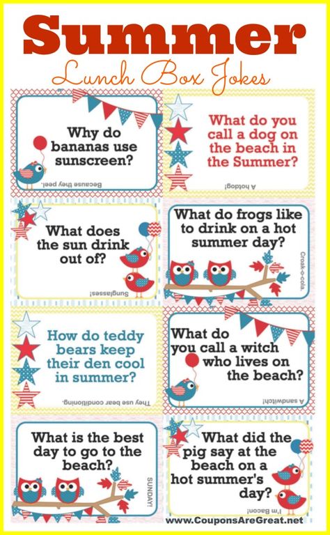 Add these free printable Summer Lunch Box Jokes to your summer events (end of school, camp, pillows, dinner setting) for smiles and laughs. #jokesforkids Thanksgiving Lunch Box Notes, Summer Jokes For Kids, Thanksgiving Jokes For Kids, Summer Jokes, Thanksgiving Lunch, Thanksgiving Jokes, Banana Uses, Lunchbox Jokes, Lunch Notes